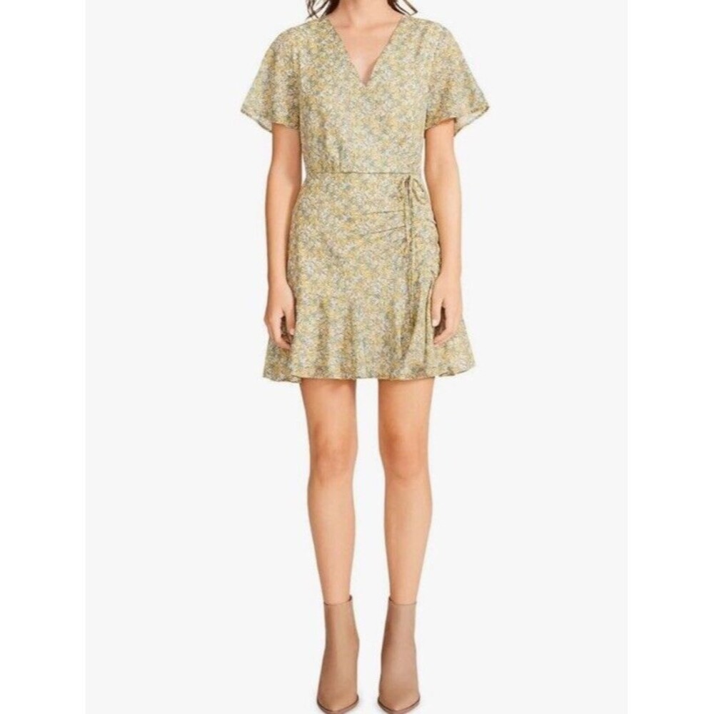 Steve Madden Skater Dress Small Mini Yellow Ditsy Floral Faux Wrap Casual Summer